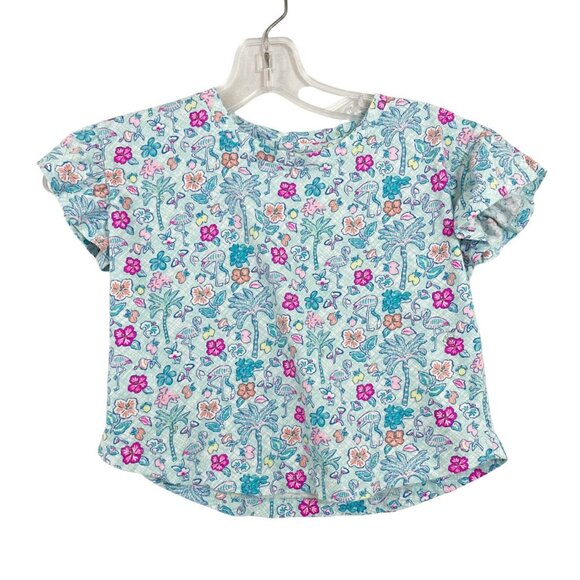 Vineyard Vines Blue Tropical Floral Flamingo Print Short Sleeve Top Kids Size XS - Picture 1 of 5